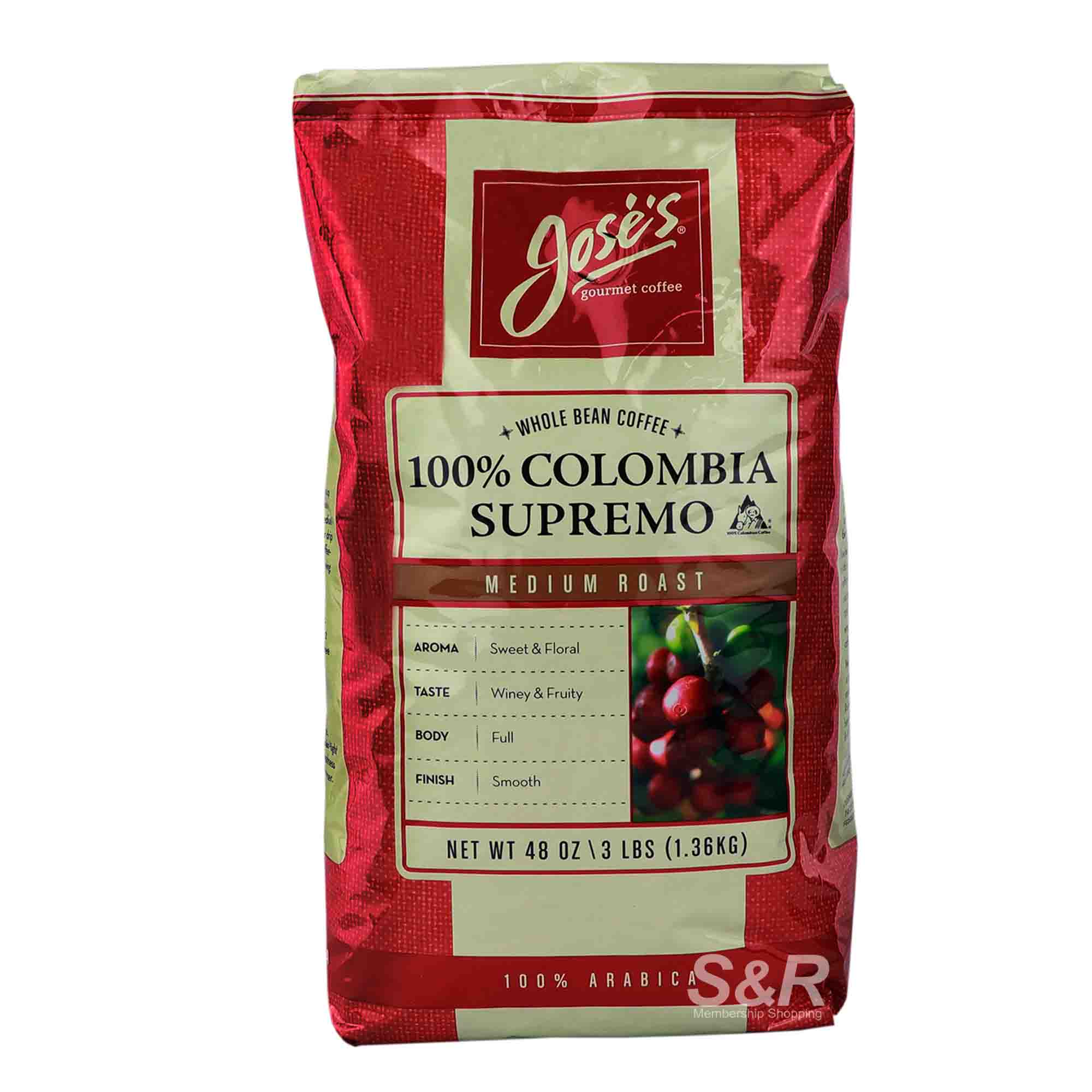 Jose's Gourmet Coffee Whole Bean 100% Colombia Supremo Medium Roast 1.36kg